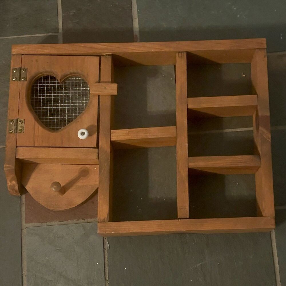 Vtg Wood Wall Shelf Display Heart Pegs Knick Knack Farmhouse Country 18x14
